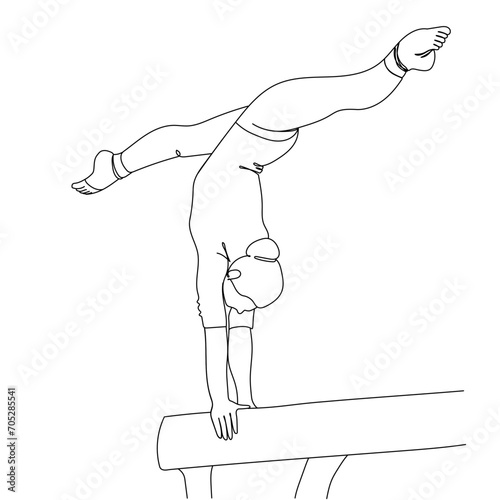 Woman gymnast striking pose on balance beam continuous line vector illustration. Artistic gymnastic female in linear vector art. Olympic games. Sport theme.