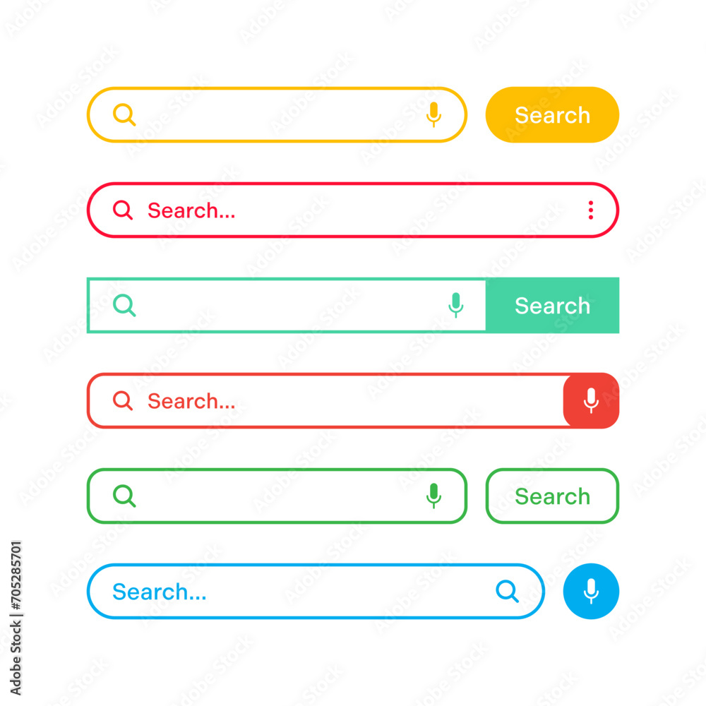 Colorful search bar templates. Internet browser engine with search box, address bar and text field. UI design, website interface element with web icons and push button. Vector illustration Colorful search bar templates. Internet browser engine with search box, address bar and text field. UI design, website interface element with web icons and push button. Vector illustration