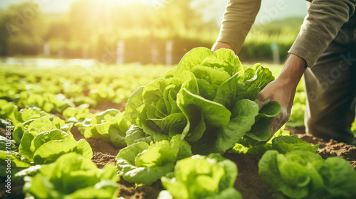 a male farmer holds lettuce in his hands on the background of a field with lettuce photo