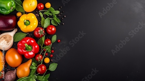 Fresh vegetables and greens are placed in a dark space.