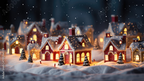 miniature Enchanted winter village  A magical scene of a miniature snow-covered village illuminated from within  nestled amidst a serene winter landscape under the starry night sky