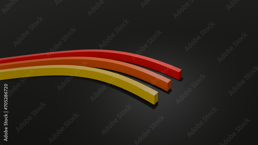 Red, orange and yellow curves on black background. Minimalistic background design - 3D render