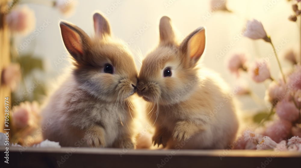 Fototapeta premium Two cute rabbits love. Friendship with the Easter Bunny. Happy rabbit.Generative AI