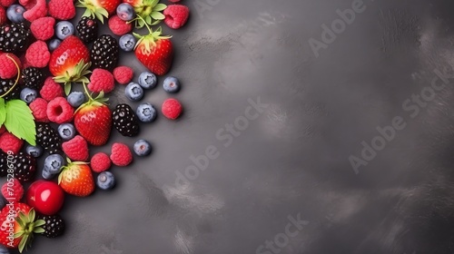 Fresh summer berries are displayed on a gray concrete background in a top view with healthy food.