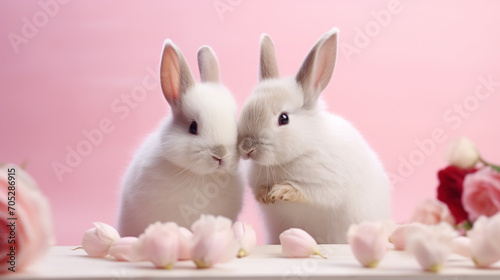 Two cute rabbits love. Friendship with the Easter Bunny. Happy rabbit.Generative AI © Артур Комис