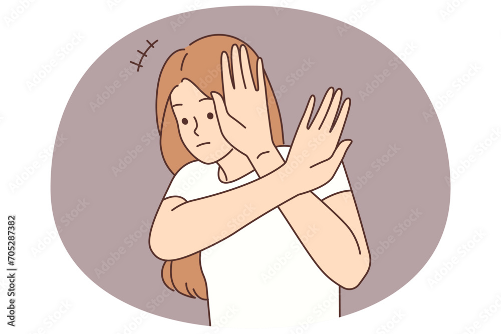Scared woman make hand gesture Scared woman make hand gesture