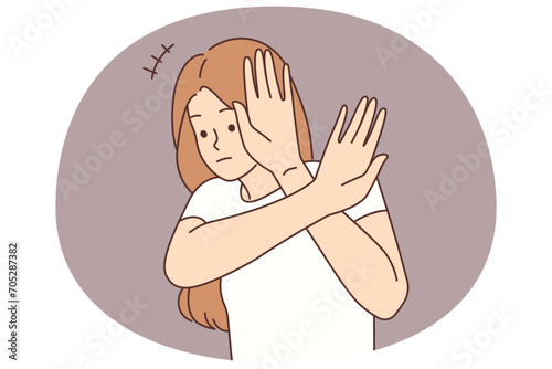 Scared woman make hand gesture