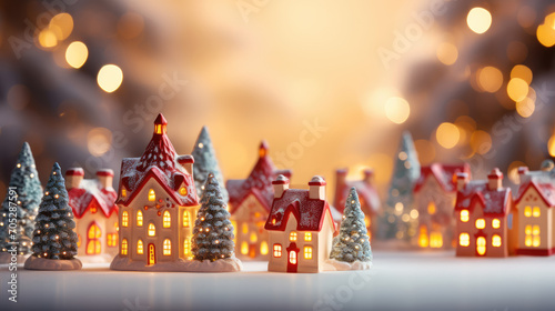 miniature Enchanted winter village, A magical scene of a miniature snow-covered village illuminated from within, nestled amidst a serene winter landscape under the starry night sky