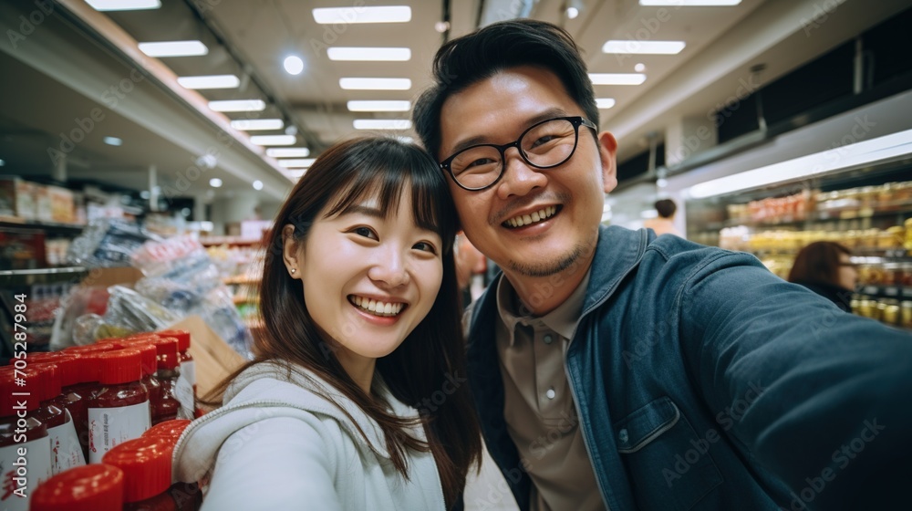 Happy Asian couple taking selfie in supermarket