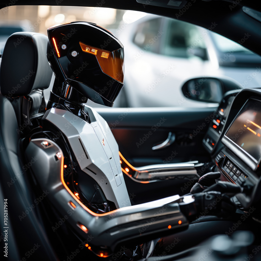 A robot in a futuristic style driving an autopilot car