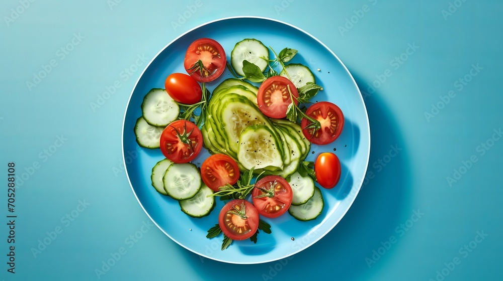 The blue desk snack lunch salad features sliced vegetable salad with chicken slices on a plate with fresh vegetables.