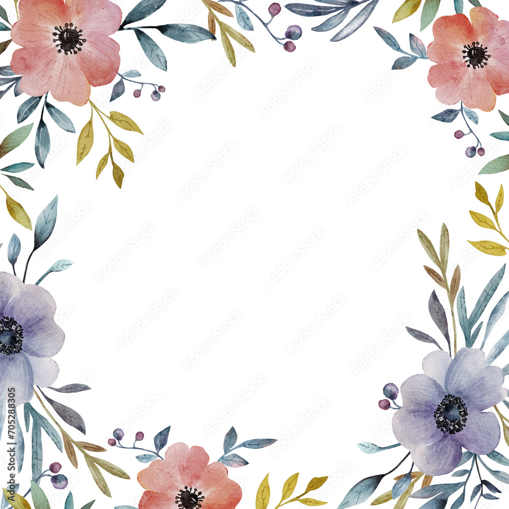 Watercolor floral frame with anemones. Hand painted flowers and leaves.