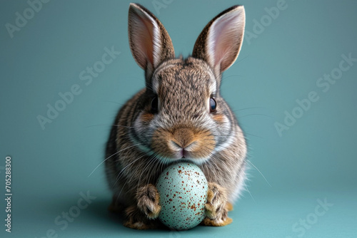 Easter bunny rabbit with painted egg on pastel background. Easter holiday concept
