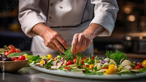 The chef is preparing a salad that consists of seafood and vegetables