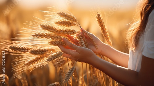 The golden wheat is being touched by a woman's hand. photo
