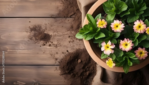 Gardener hands taking pot with blooming flowers for home gardeni photo