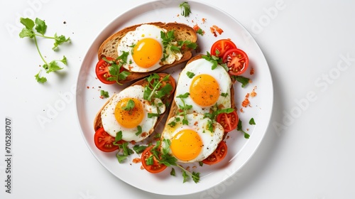 The top of egg toasts with seasonings and tomatoes on a white background is depicted in this morning meal photo, which includes breakfast, lunch, and dinner food.