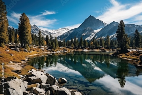 mountain lake landscape with rocks and trees