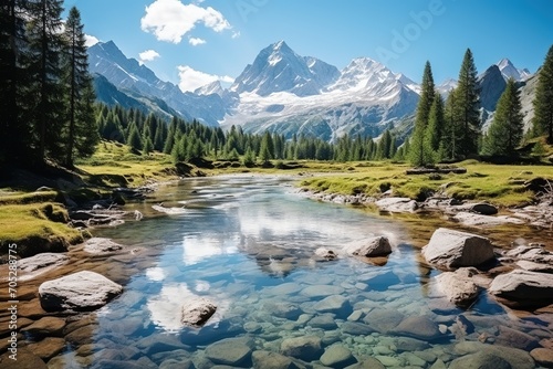 The crystal-clear river flowing through the lush green valley