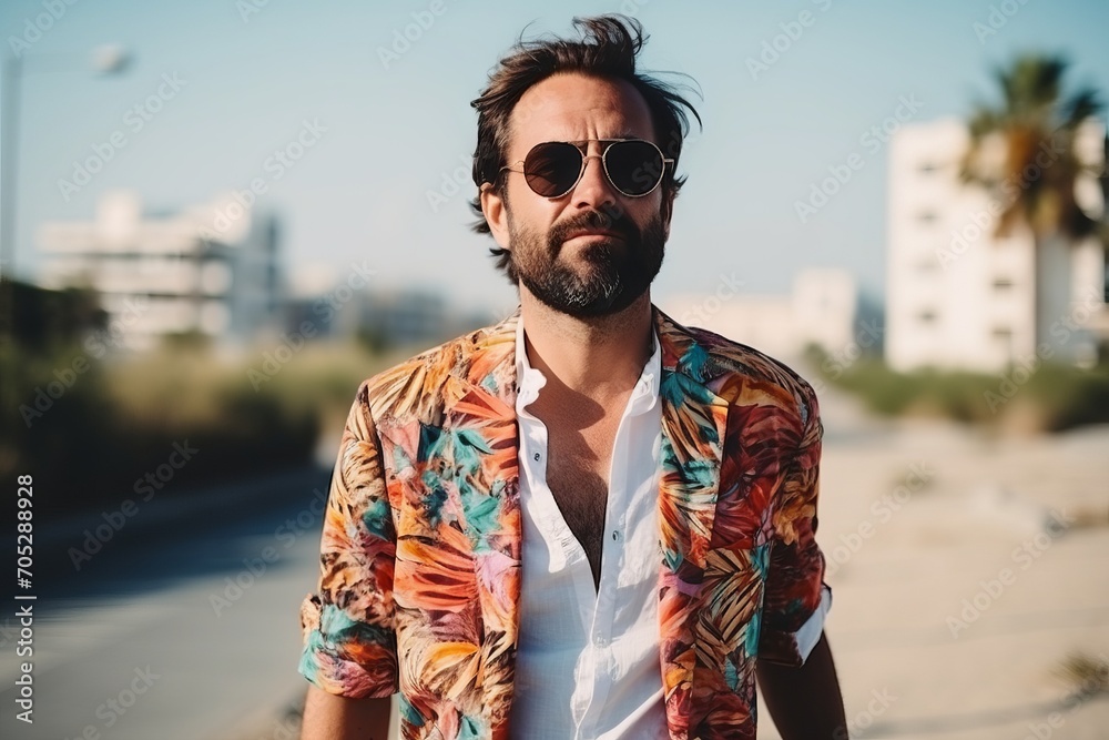 Handsome young man wearing a colorful shirt and sunglasses on the city street Handsome young man wearing a colorful shirt and sunglasses on the city street