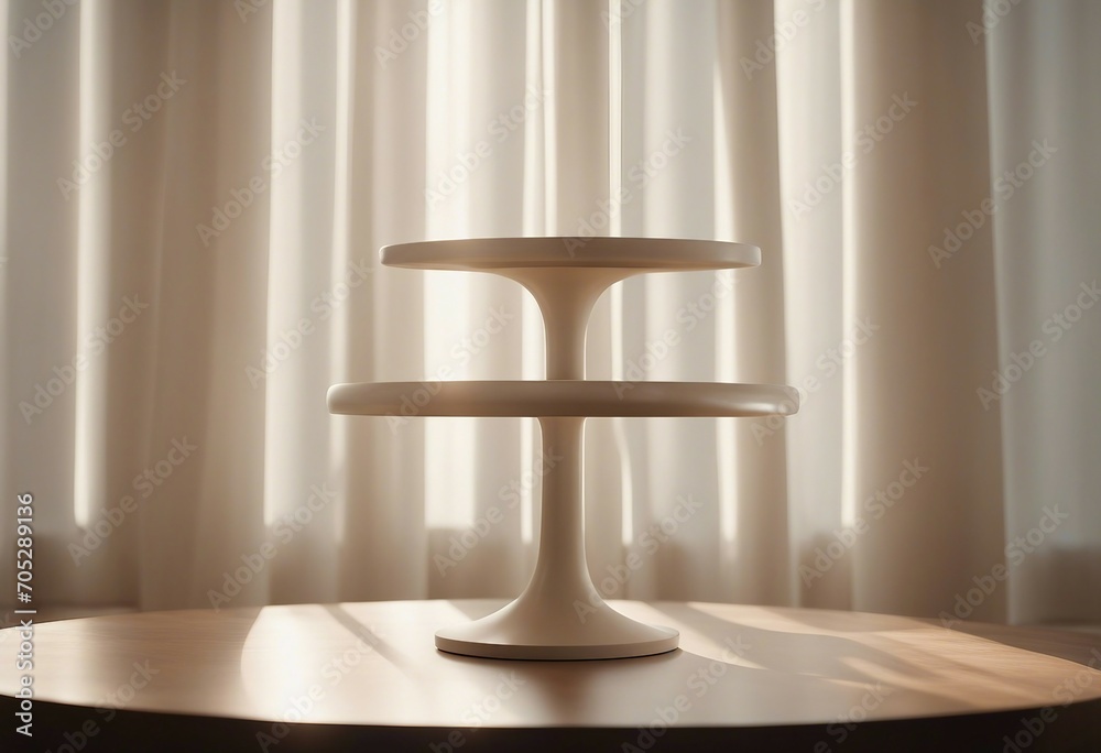 Empty modern round wooden podium side table in soft white blowing drapery curtain drapes in sunlight Empty modern round wooden podium side table in soft white blowing drapery curtain drapes in sunlight