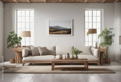 Farmhouse interior living room empty wall mockup in white room with wooden furniture