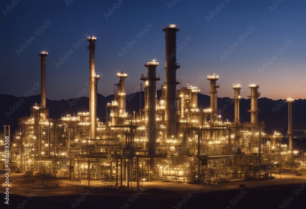Oil refinery plant for crude oil industry on desert in evening twilight energy industrial machine