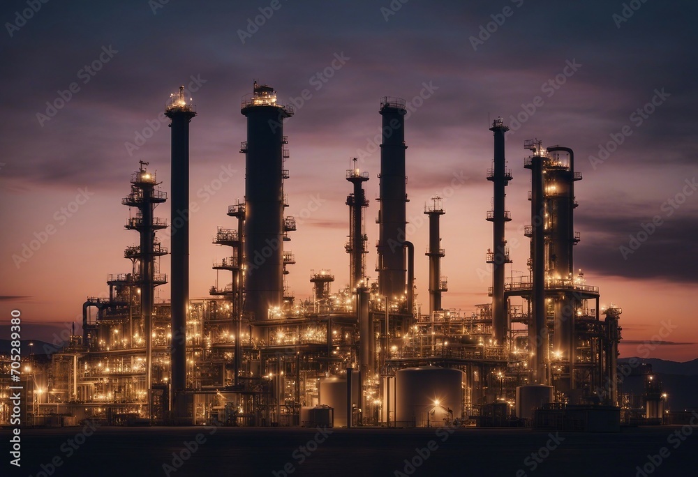 Oil refinery plant for crude oil industry on desert in evening twilight energy industrial machine Oil refinery plant for crude oil industry on desert in evening twilight energy industrial machine