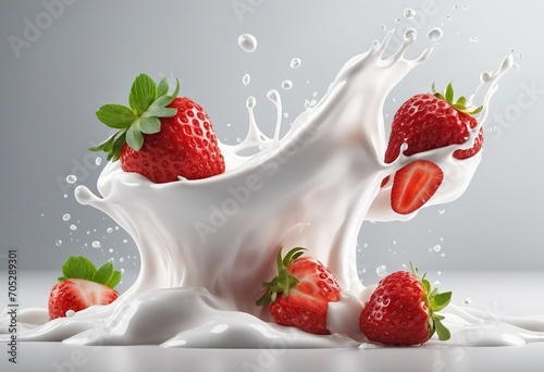 Milk or yogurt splash with strawberries isolated on white background 3d rendering