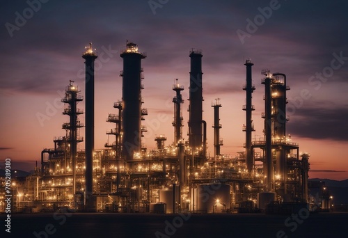 Oil refinery plant for crude oil industry on desert in evening twilight energy industrial machine