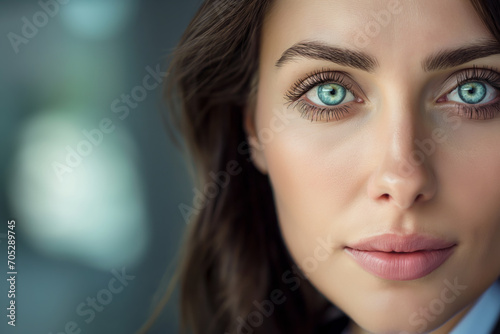 Close-up of a woman with captivating blue eyes and a subtle smile, professional and poised.