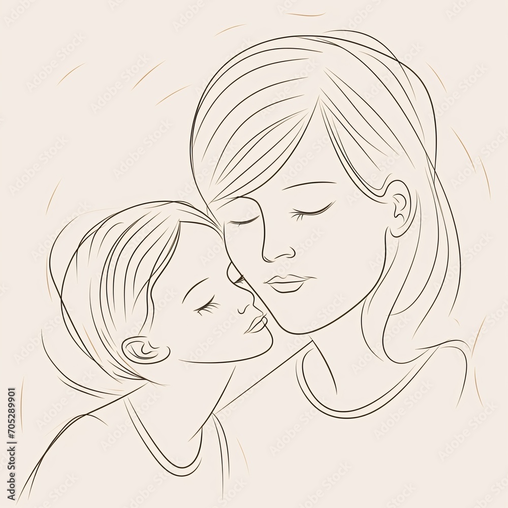 Maternal Affection: Mother and Child Bonding in Line Art Sketch