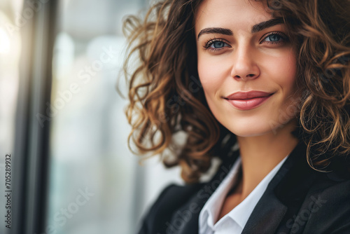 Wallpaper Mural Portrait of a smiling businesswoman with curly hair and blue eyes, exuding confidence. Torontodigital.ca