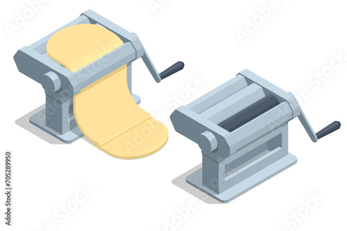 Isometric Pasta machine with dough sheet over white, Manual Dough sheeter, Manual dough roller. Homemade baked goods. Cookies and croissants