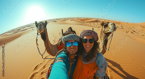 Young couple in love standing near many camels in desert taking selfie. Safari Concept.