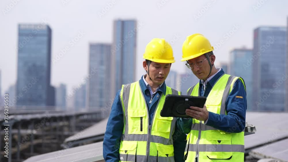 male technician works in solar power station male technician works in solar power station