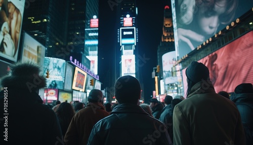 Crowd of people in Times Square looking at billboards at night