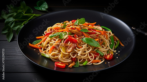 delicious spaghetti with vegetables and meat.Generative AI