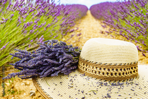 Summer hat at lavender field. Holidays in France. photo