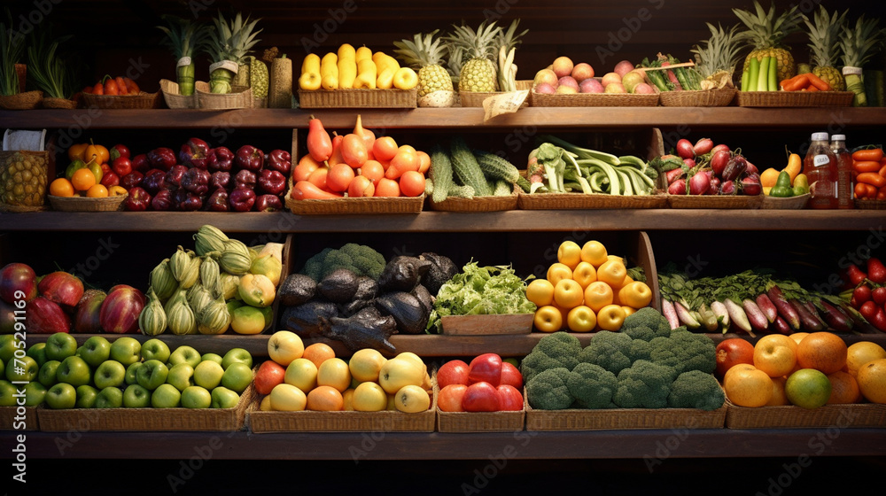 Vegetable farmer market counter: colorful different fresh organic healthy vegetables.