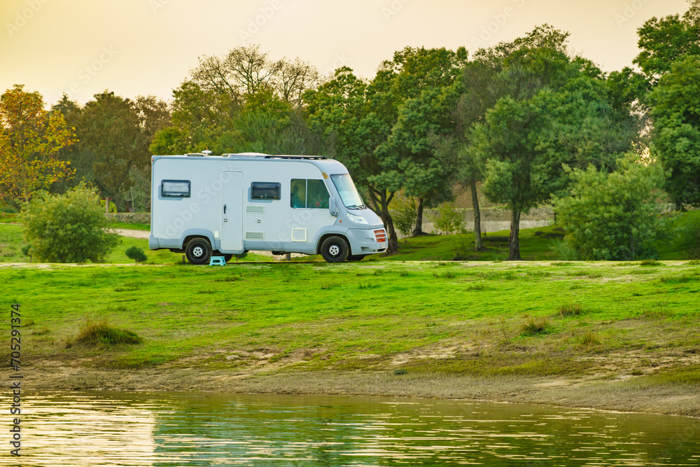 Camper rv camping on nature.