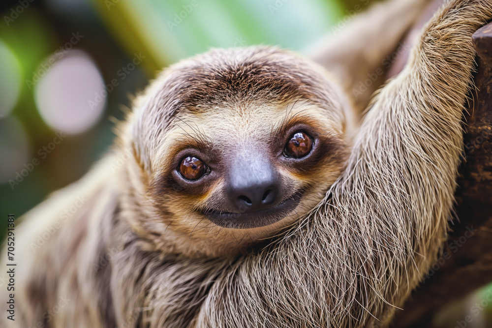 Fototapeta premium A sloth hanging on a tree, looking forward with big, shining eyes.