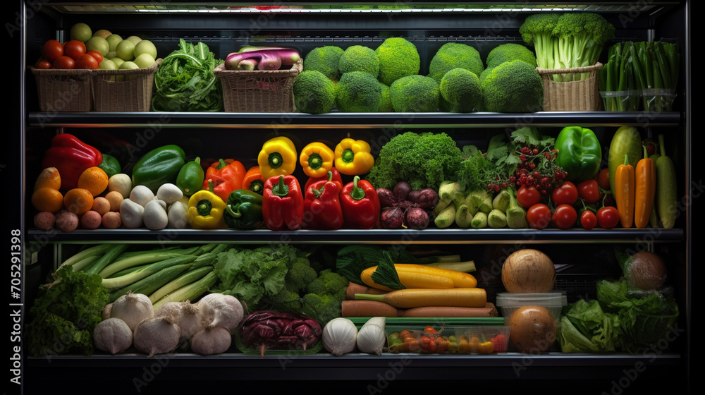 a counter in a store with vegetables and fruits for sale in a supermarket a counter in a store with vegetables and fruits for sale in a supermarket