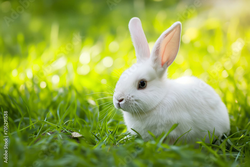 A serene white rabbit nestled in lush green grass, with a soft glow of sunlight surrounding it.