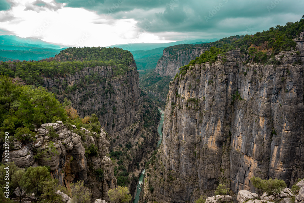 Fototapeta premium Panorama landscape of Tazı Kanyonu (aka Eagles Canyon, Tazi Canyon) and Bilgelik Vadisi (aka Wisdom Valley). Located in Köprülü Canyon National Park, Antalya, Turkey