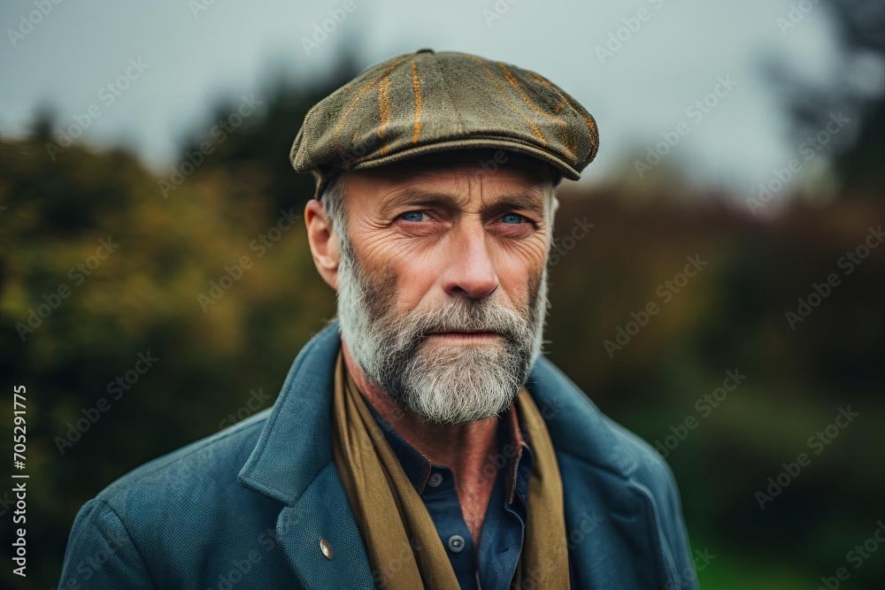 Portrait of an old man with gray beard wearing a cap and scarf. Portrait of an old man with gray beard wearing a cap and scarf.