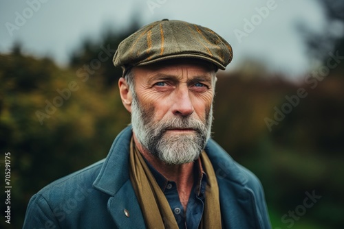 Portrait of an old man with gray beard wearing a cap and scarf.