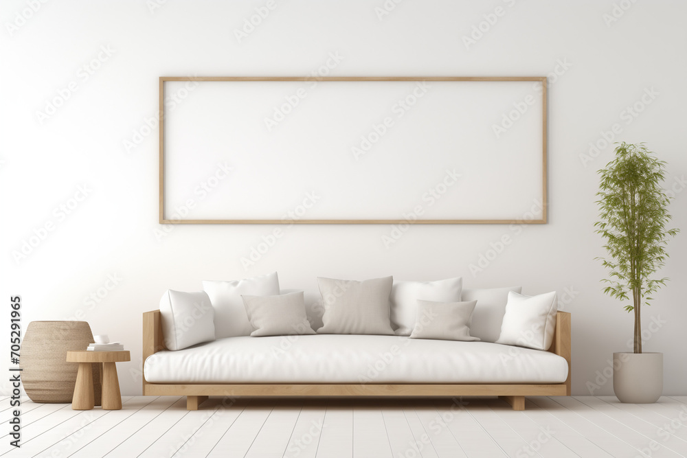 Fototapeta premium Modern Interior Design Living Room with white sofa and empty wall mockup