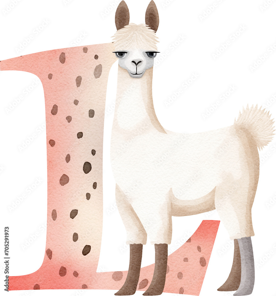 Fototapeta premium Letter L with llama illustration created with Generative AI technology