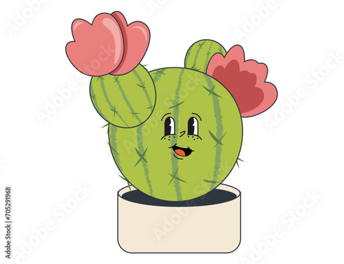 Flat cactus. Cartoon prickly pear cactus with flowers. Cactus in a flower pot isolated on white. Flat character with a funny face. The succulent is cheerful and kind. Smiling summer character prickly 